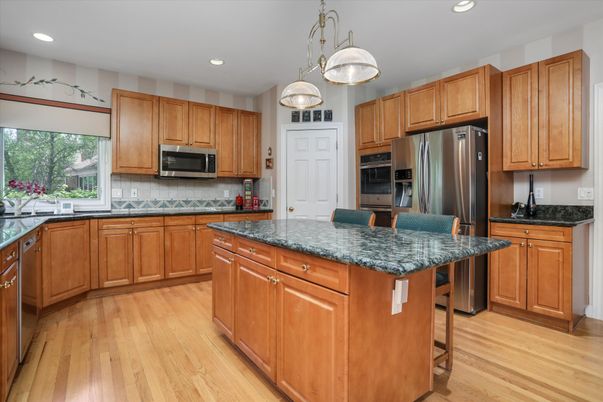 Interior, Kitchen, Pendant Lights, Recessed Lighting, Stainless Steel Appliances, Wood Texture Flooring
