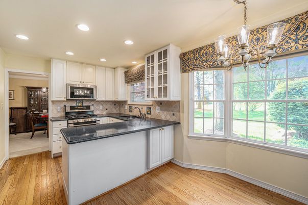 Chandelier, Interior, Kitchen, Pendant Lights, Recessed Lighting, Wood Texture Flooring