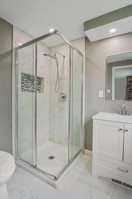 Bathroom, Glass Shower, Interior, Marble, Marble Walls, Recessed Lighting