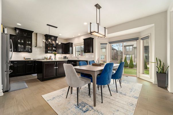 Dining room, Interior, Kitchen, Pendant Lights, Recessed Lighting, Wood Texture Flooring