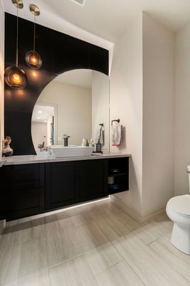 Bathroom, Dual Sink Vanities, Interior, Pendant Lights, Wood Texture Flooring
