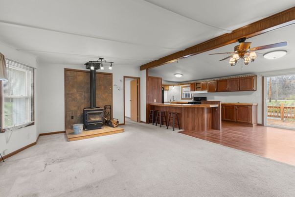 Empty room, Fireplace, Interior, Kitchen, Wooden Beams, Wood Texture Flooring
