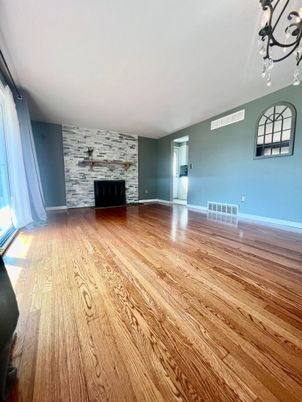 Empty room, Fireplace, Interior, Stone Walls, Wood Texture Flooring