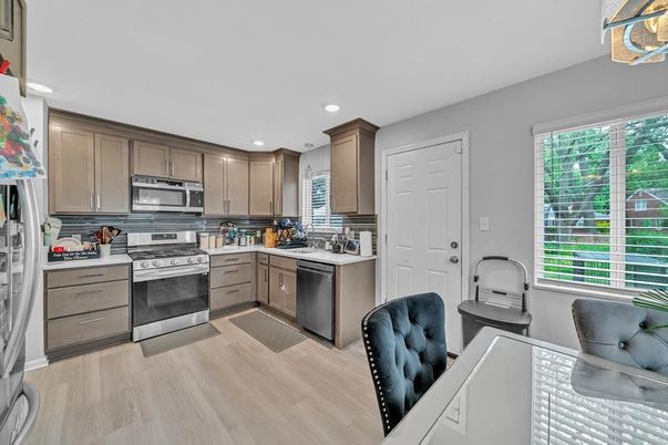Interior, Kitchen, Recessed Lighting, Stainless Steel Appliances, Wood Texture Flooring