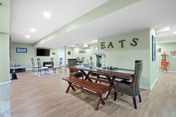 Dining room, Interior, Recessed Lighting, Wood Texture Flooring