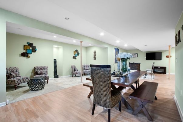 Dining room, Interior, Recessed Lighting, Wood Texture Flooring