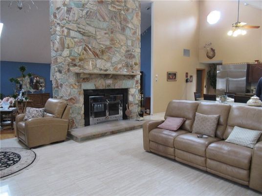 Fireplace, Interior, Living room, Pendant Lights, Stone Walls