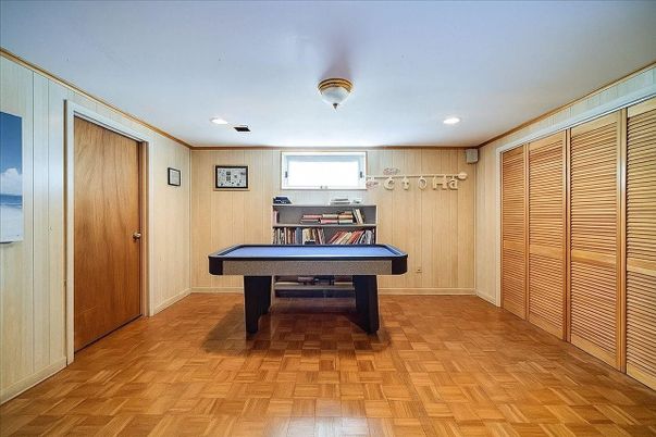 Billiard Table, Game Room, Interior, Recessed Lighting, Wood Texture Flooring