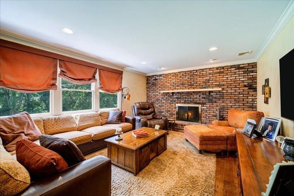 Fireplace, Interior, Living room, Recessed Lighting, Stone Walls