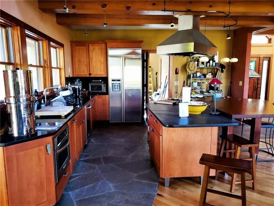 Interior, Kitchen, Pendant Lights, Stainless Steel Appliances, Wooden Beams, Wood Texture Flooring