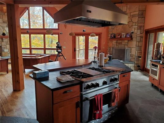 Fireplace, Interior, Kitchen, Stainless Steel Appliances, Stone Walls, Wooden Beams, Wood Texture Flooring
