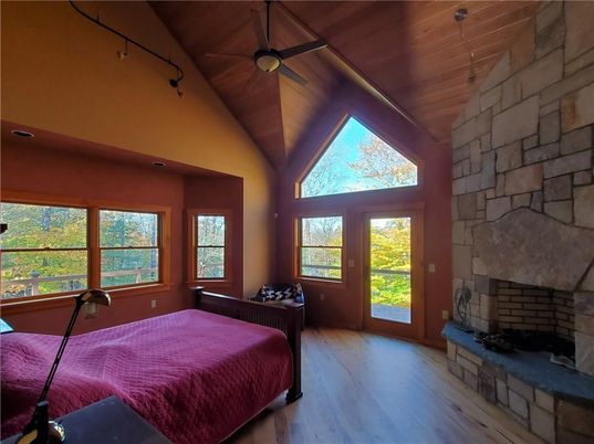 Bedroom, Fireplace, Interior, Stone Walls, Wooden Ceilings, Wood Texture Flooring
