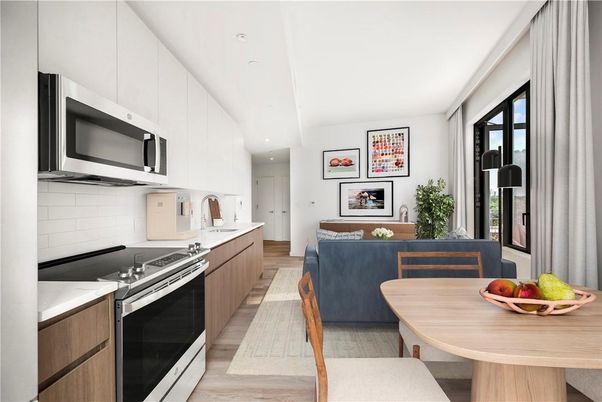 Dining room, Interior, Kitchen, Recessed Lighting, Stainless Steel Appliances, Wood Texture Flooring