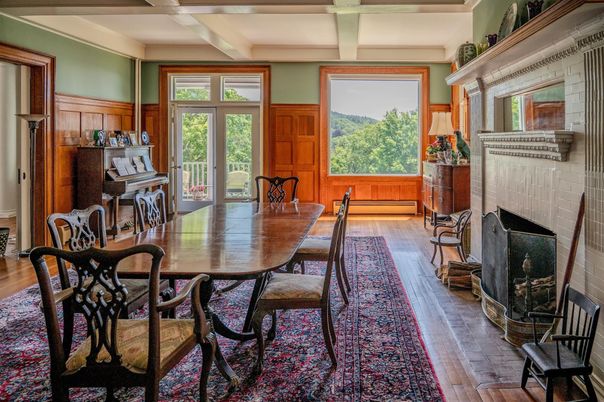 Dining room, Fireplace, Interior, Piano, Wood Texture Flooring