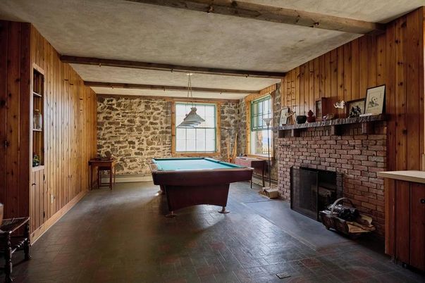 Billiard Table, Fireplace, Game Room, Interior, Pendant Lights, Stone Walls, Wooden Beams, Wooden Walls