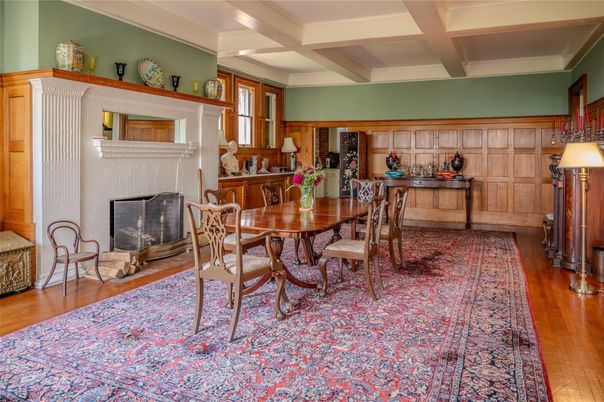Dining room, Fireplace, Interior, Recessed Lighting, Wood Texture Flooring