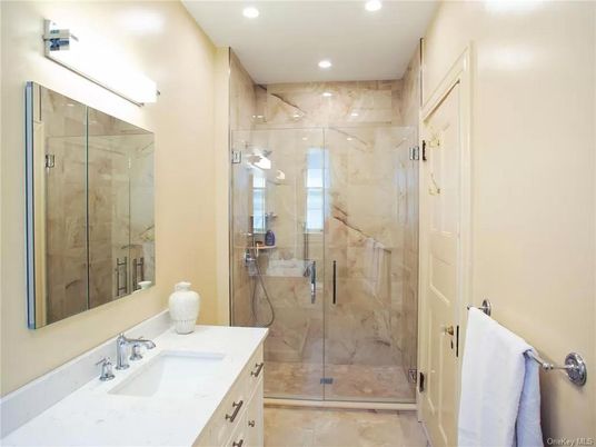 Bathroom, Glass Shower, Interior, Marble Walls, Recessed Lighting