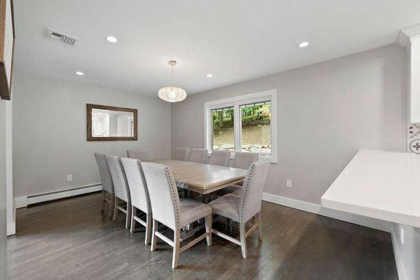 Dining room, Interior, Pendant Lights, Recessed Lighting, Wood Texture Flooring