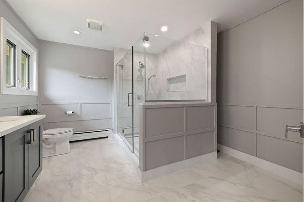 Bathroom, Glass Shower, Interior, Marble, Marble Walls, Recessed Lighting