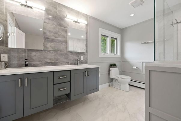 Bathroom, Dual Sink Vanities, Glass Shower, Interior, Marble, Recessed Lighting