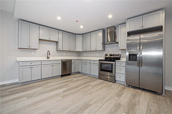 Interior, Kitchen, Recessed Lighting, Stainless Steel Appliances, Wood Texture Flooring