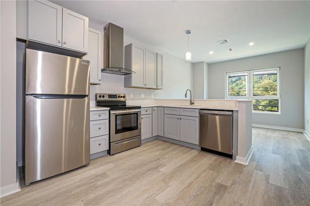 Interior, Kitchen, Pendant Lights, Recessed Lighting, Stainless Steel Appliances, Wood Texture Flooring