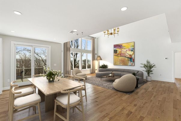Dining room, Interior, Living room, Recessed Lighting, Wood Texture Flooring