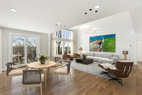 Dining room, Interior, Living room, Pendant Lights, Recessed Lighting, Wood Texture Flooring
