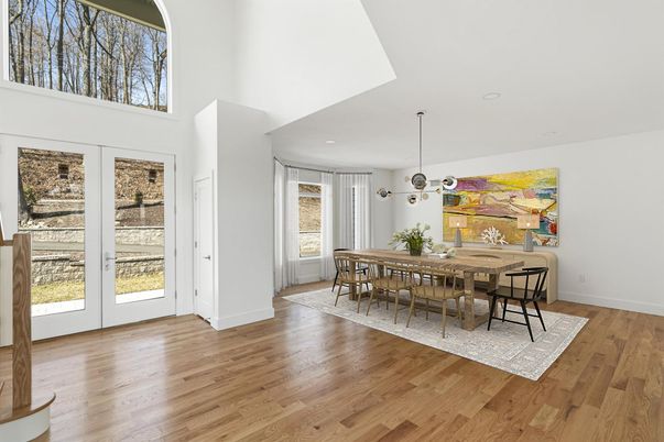 Dining room, Interior, Pendant Lights, Wood Texture Flooring