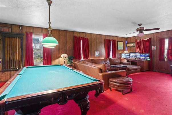 Billiard Table, Game Room, Interior, Pendant Lights, Wooden Walls