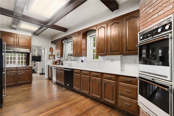 Interior, Kitchen, Stainless Steel Appliances, Wooden Beams, Wood Texture Flooring