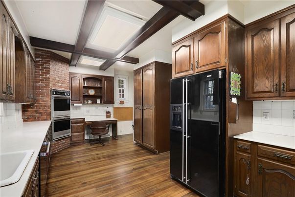 Interior, Kitchen, Stainless Steel Appliances, Stone Walls, Wooden Beams, Wood Texture Flooring