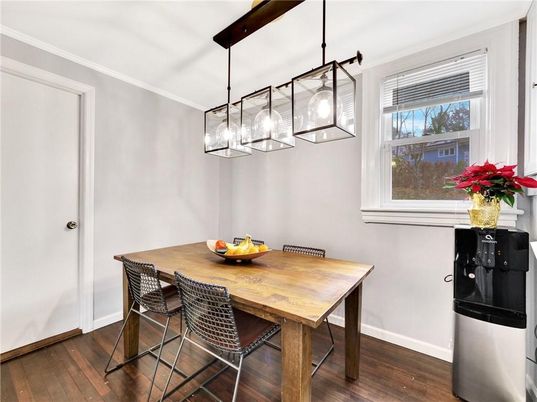 Dining room, Interior, Pendant Lights, Wood Texture Flooring