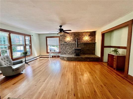 Empty room, Fireplace, Interior, Stone Walls, Wood Texture Flooring