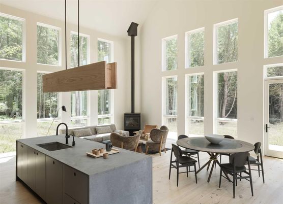 Dining room, Fireplace, Interior, Kitchen, Living room, Pendant Lights, Wood Texture Flooring