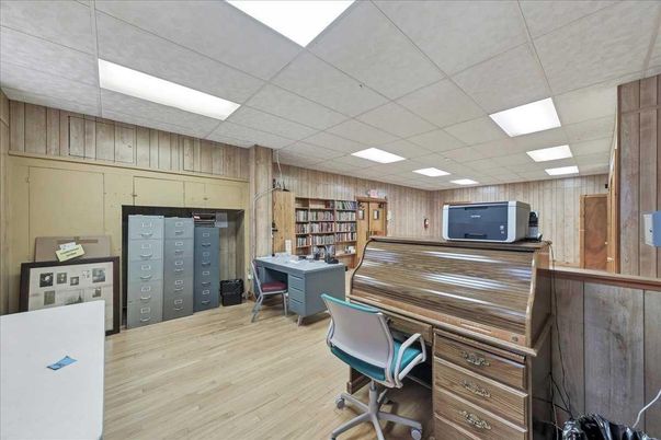 Home Office, Interior, Recessed Lighting, Wood Texture Flooring, Wooden Walls
