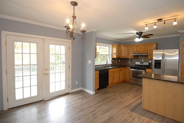 Chandelier, Interior, Kitchen, Stainless Steel Appliances, Wood Texture Flooring