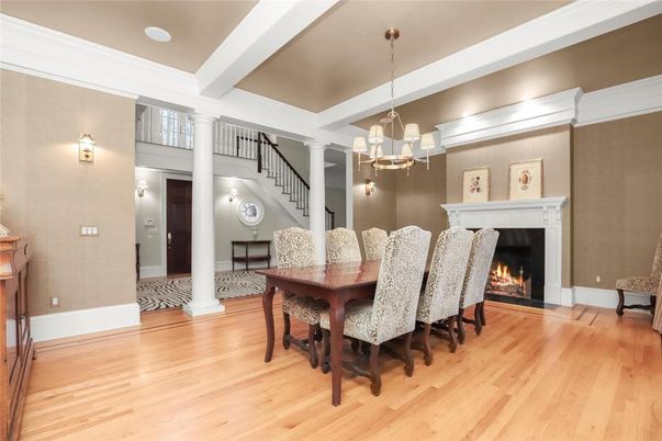 Chandelier, Dining room, Fireplace, Interior, Pendant Lights, Wood Texture Flooring