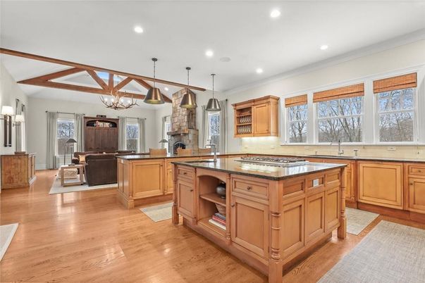 Fireplace, Interior, Kitchen, Living room, Pendant Lights, Recessed Lighting, Wood Texture Flooring