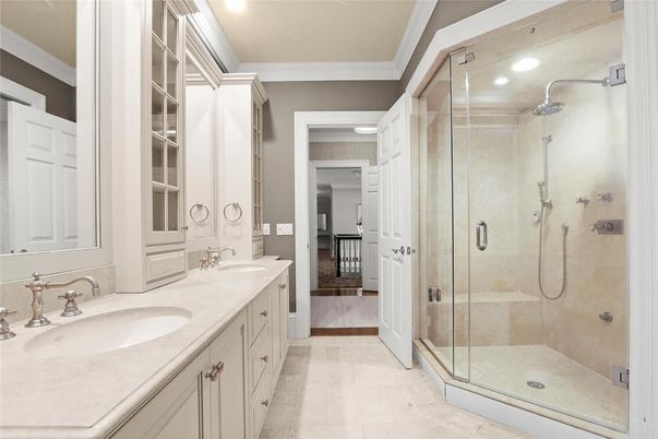 Bathroom, Dual Sink Vanities, Glass Shower, Interior, Recessed Lighting