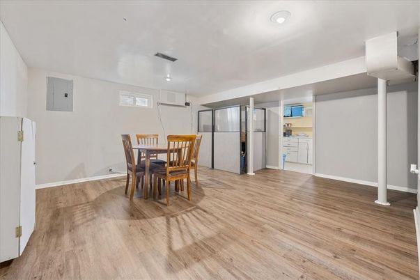 Dining room, Interior, Recessed Lighting, Wood Texture Flooring