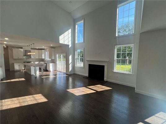 Fireplace, Interior, Kitchen, Pendant Lights, Recessed Lighting, Wood Texture Flooring