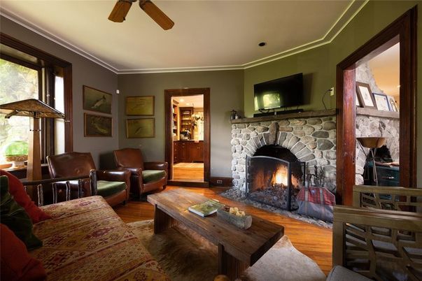 Fireplace, Interior, Living room, Stone Walls, Wood Texture Flooring