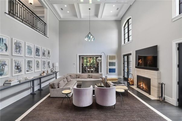 Fireplace, Interior, Living room, Pendant Lights, Recessed Lighting, Wood Texture Flooring