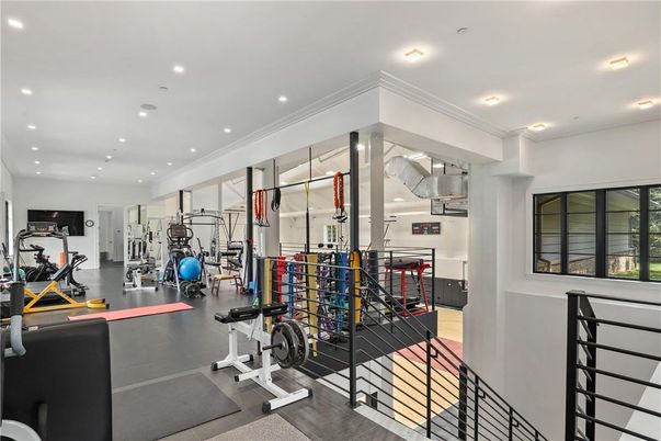Fitness Equipment, Gym, Interior, Recessed Lighting, Wood Texture Flooring