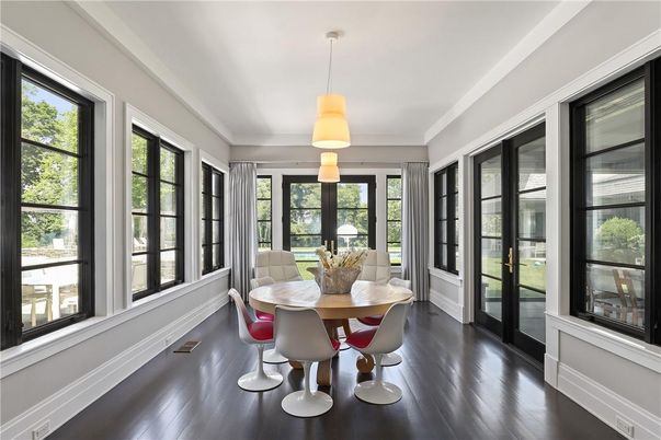 Dining room, Interior, Pendant Lights, Wood Texture Flooring