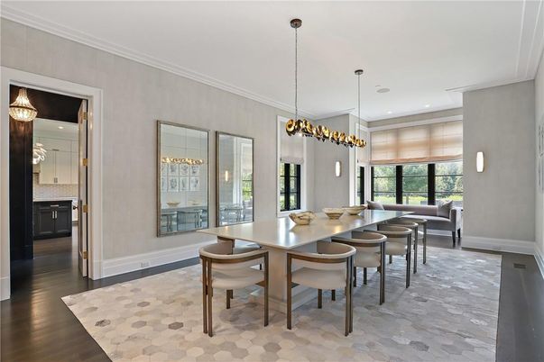 Chandelier, Dining room, Interior, Pendant Lights, Recessed Lighting, Wood Texture Flooring