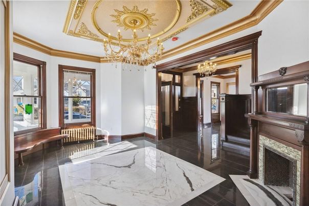 Chandelier, Fireplace, Interior, Marble