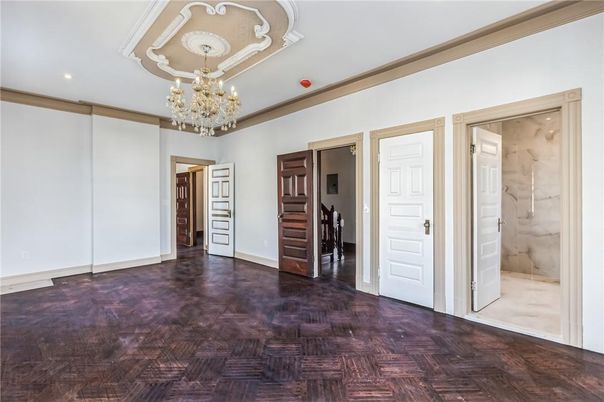 Chandelier, Empty room, Interior, Recessed Lighting, Wood Texture Flooring