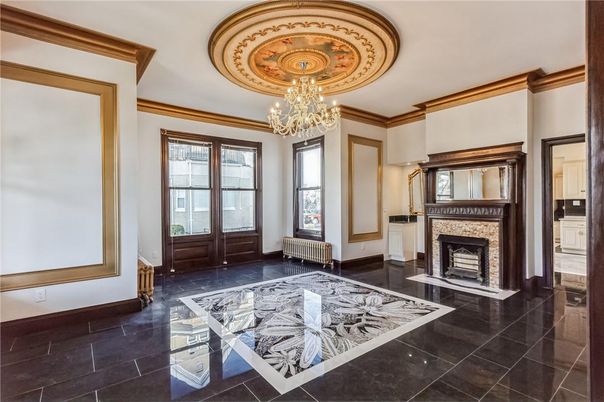 Chandelier, Fireplace, Interior